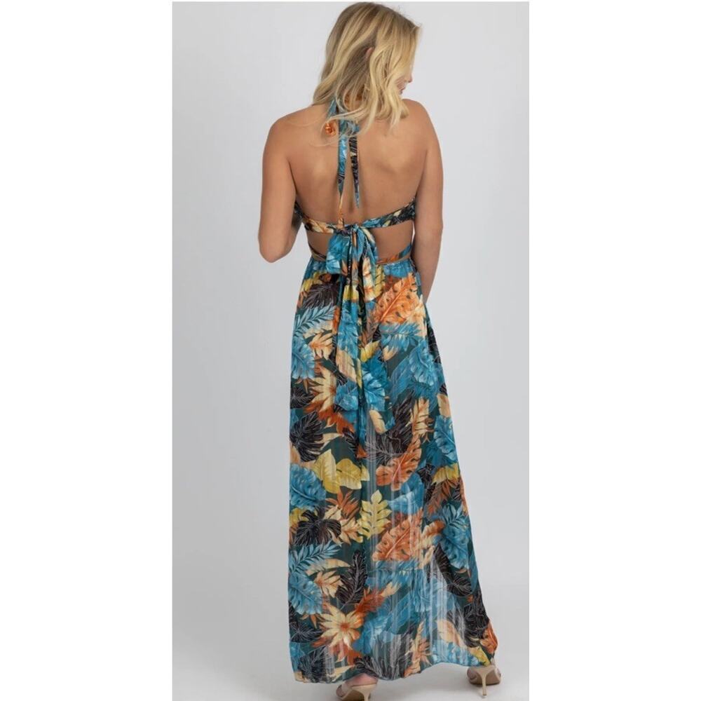 Nwt L'abeye Teal Tropical High Slit Maxi Cover Up M Es — image 4 of 5